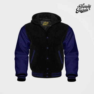 Black body Navy Blue Sleeves Premium Varsity Jacket Letterman Baseball College - Image 1 of 4