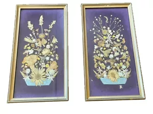 Coppia di semi fiori secchi pressati con cornice vintage composizione arte da parete quadro casetta - Foto 1 di 6