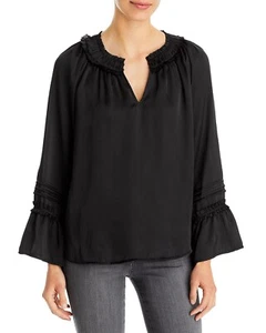 Vince Camuto Womens Satin Split Neck Ruffle Sleeves Blouse Top Black Small B4HP - Picture 1 of 2