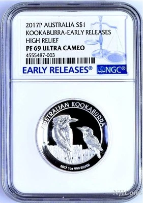 2017 P Australia HIGH RELIEF 1oz Silver Kookaburra $1 Coin NGC PF69 UC ER + OGP - Image 1 of 4