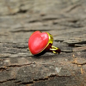 Unisex Heart Red Coral 18k Gold Plated Sterling Silver Handmade Ring All Size - Picture 1 of 7