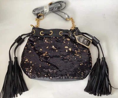 Silk Elements Ion Silk Sequin Tassel Bag Black & Gold Crossbody Drawstring New - Image 1 of 4