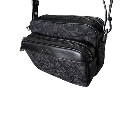 Versace 1012856 Black Jacquard Fabric and Leather Shoulder Messenger Crossbody - Image 1 of 4