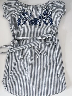 Girls Kids Children Linen Cotton Grey Stripe Tunic Top Embroidery Short Dress - Image 1 of 4