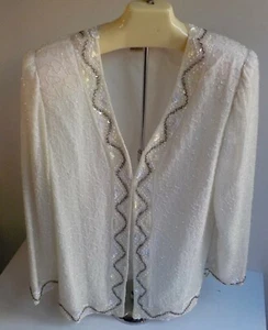 LAURENCE KAZAR Long Sleeved Sequins/Beaded Jacket Ivory SZ Large - Picture 1 of 6