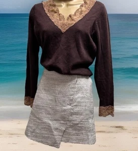 Karen Millen Sparkly Ecru Silver Tweed A Line Zip Front Mini skirt 8 Waist 32” - Picture 1 of 22