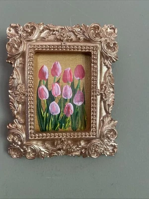 Pintura Original Flores Tulipanes Rojos Sobre Papel, Miniatura,Pequeña,Dorada,Enmarcada Foto 1 de 4