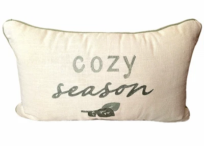 Cottage Core "Cozy Season" Woven 11.5x18.5 Green Embroidered Lumbar Throw Pillow - Image 1 of 4