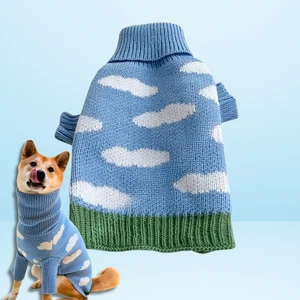 Sky Blue Dog Knit Sweater, Cloud Pattern Turtleneck, XXS–XL, Cozy Winter Wear - Picture 1 of 11
