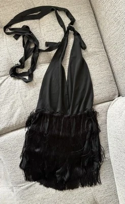 Surplice Neck Fringe Detail Back Crisscross Romper Zip Up Black Size L - Image 1 of 4