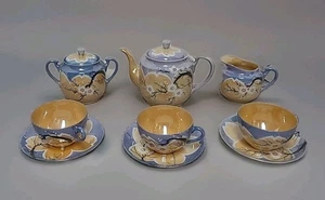 Juego de té japonés pintado a mano de colección 11 piezas diseño de flor de cerezo azul y melocotón usado en excelente estado - Imagen 1 de 10
