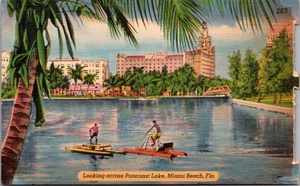 PANCOAST LAKE Miami Beach, Florida Fl linen Postcard - Picture 1 of 2