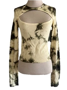 NUX Peek a Boo Ribbed Long Sleeve Top Nebula Green Cream Tie Dye sz M NWT Busty - Picture 1 of 14