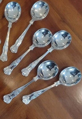 6 Cucchiai Rotondi Dessert 17,6 cm Sheffield EPNS A1 King Pattern Carrs35 c1940 - Immagine 1 di 4