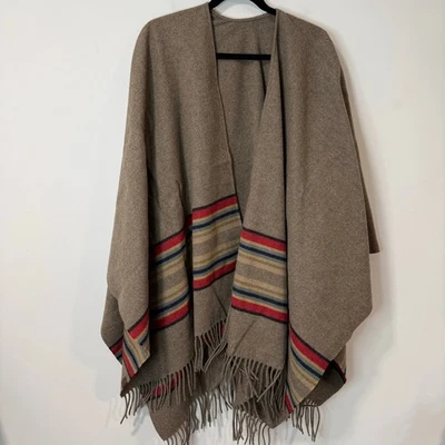Pendleton Women's Cozy Shawl Wrap Poncho Fringe Wool Stripe Brown One Size  - Image 1 of 4