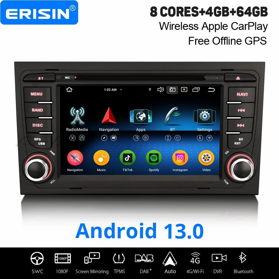 64GB Android 13 DAB+ Autoradio Navi CarPlay SWC DVD Für AUDI A4 S4 RS4 SEAT EXEO - Bild 1 von 4