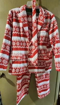 Nuevo sin etiquetas Traje de vacaciones para hombre XL, rojo blanco copos de nieve, chaqueta pantalones corbata, Navidad Foto 1 de 4