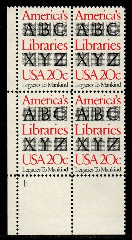 ALLY'S STAMPS US Plate Block Scott #2015 20c Libraries [4] MNH [STK] - Image 1 of 1