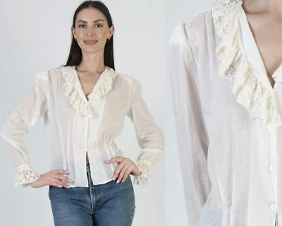 Vintage Thin White Cotton Blouse Edwardian Lace Ruffle Linen Victorian Top Shirt - Image 1 of 4
