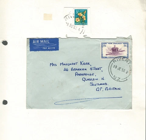 New Zealand Airmail Cover Riverton to Glasgow Scotland 1953 NZ Town Cancels Cover