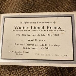 1929 Mourning Card - Walter Keene, Died Aged 18, Redcliffe