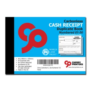 Cherry NCR Cash Receipt NUMBERED 1-50  Duplicate Book A6 (148mm x 105mm) 50 Sets - Picture 1 of 3