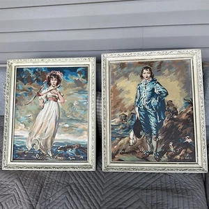 Vintage Blue Boy And Pinkie Paint By Number Paintings 19 X 23 Framed - Picture 1 of 13