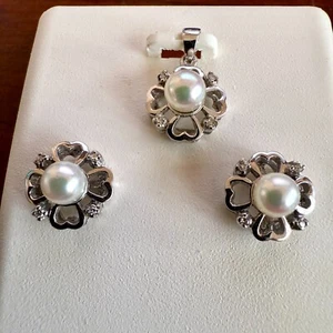14K White Gold earrings & Pend 5mm Pearl & .04 ct TW Natural Diamonds 3.4 grams - Picture 1 of 16
