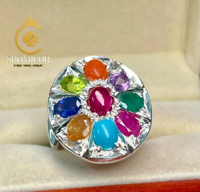 Navratna Ring –  Nine Stone Sterling Silver Handmade Charming Masterpiece Gift - Image 1 of 4