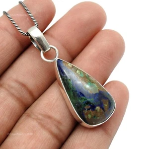 Pear Natural Azurite Malachite Womens Gift Bezel Pendant Jewellery Solid Silver - Picture 1 of 7