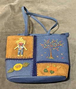 Vtg Cappelli Straworld Fall/Halloween Shoulder Purse Blue Denim Autumn Pumpkin - Picture 1 of 14