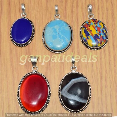 Lote al por mayor de 5 colgantes de ónix azul y piedras preciosas mixtas enchapados en plata 925 Foto 1 de 4