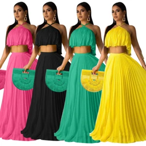 Conjunto de top halter y falda larga plisada para mujer 2 piezas fiesta verano playa vestido - Imagen 1 de 16