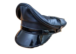 Genuine Real Leather Black Army Muir Biker Peaked Police Gay Bluf Cap Hat - Picture 1 of 5