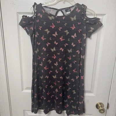 Pink Violet Butterfly Print Dress Pink Gray Cold Shoulder A-line Size XL 14/16 - Image 1 of 4