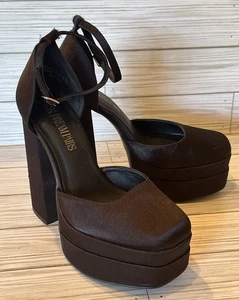 Dreampairs Black Platform High Block Heel Ankle Strap Satin Pumps Size 7.5 NEW! - Picture 1 of 8