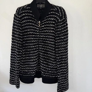 St John Sport Black White Knit Zip Up Jacket Blazer Womens Size XL USA - Picture 1 of 6
