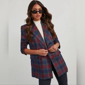 Women's VICI Plaid Double-Breasted Jettie Blazer M Blue Red - Picture 1 of 6