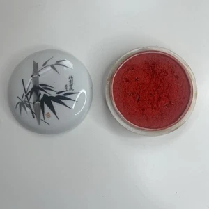Oriental Red Ink Wax For Stamp Ceramic Ink Bowl Bamboo - Maker Stamp On Base - Picture 1 of 9