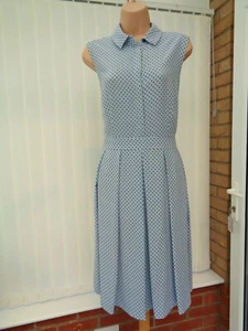HOBBS BABY BLUE NAVY SPOT 50'S FIT N FLARE SKATER MIDI SHIRT DRESS 10 £169 TWICE - Picture 1 of 10