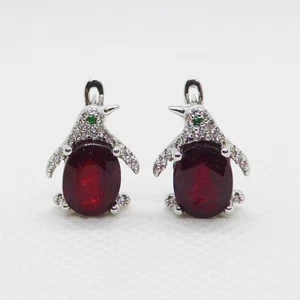 Blut Rubin CZ Ohrringe PINGUIN 925 Silber 585 Weißgold vergoldet - Bild 1 von 3