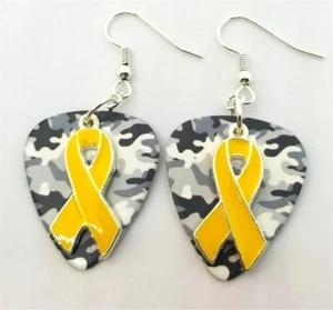 Yellow Ribbon Charm Guitar Pick Earrings with Surgical Steel Earwires - Picture 1 of 27
