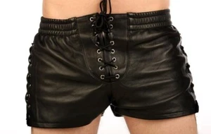 Men's Real Cowhide Leather Lace Up Closure Side Laces & Elastic Belt Shorts - Picture 1 of 2