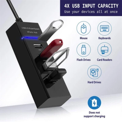 Hub dati USB 3.0 alimentato a 4 porte nero con cavo esteso da 2 piedi 5 Gbps - Immagine 1 di 4