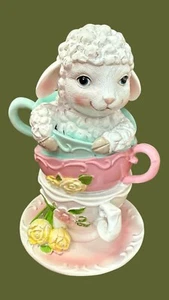 Easter Lamb in a Stack Of Tea Cups ￼ Decor Pastel Pink White Tophat & Tail - Picture 1 of 4