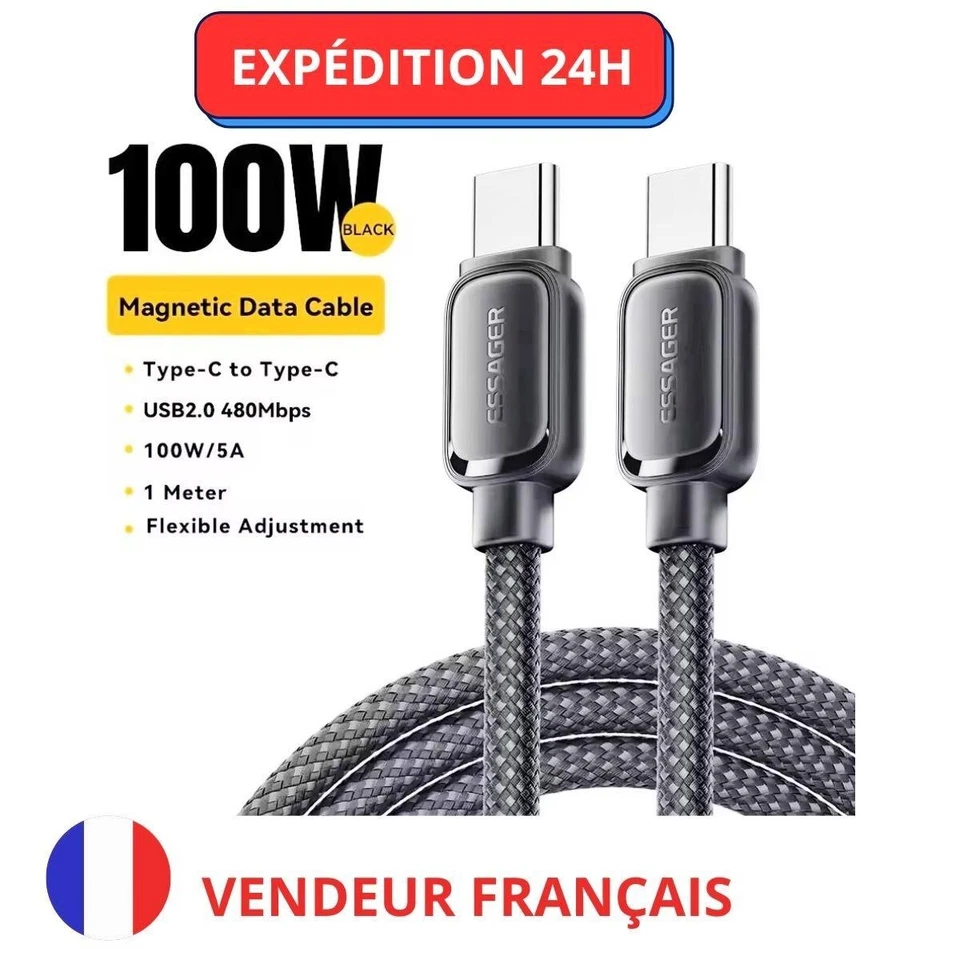 Câble Magnétique USB C à type C en Charge Rapide 100W / cordon 1M IPhone Samsung - Photo 1/4