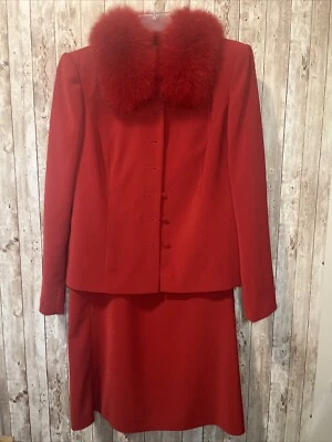 John Meyer Collection Women’s Holiday Red Skirt Suit Fur Collar Formal Size 8 - Image 1 of 4