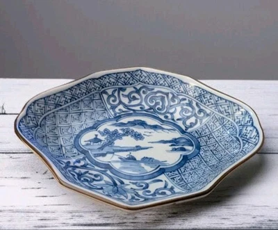 Plato octogonal festoneado porcelana azul y blanco vintage horno japonés Ryuho 6" Foto 1 de 4