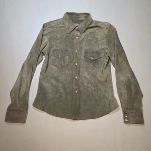 Vtg Women’s 8 SAKS FIFTH AVENUE Folio Green  Leather Button Down Shirt Suede Top - Picture 1 of 9