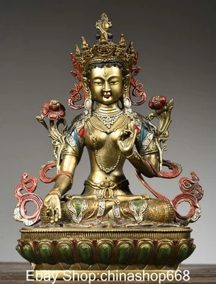 11.6" Old China Copper Painted White Tara Spirit of Compassion Goddess Statue - Image 1 of 4